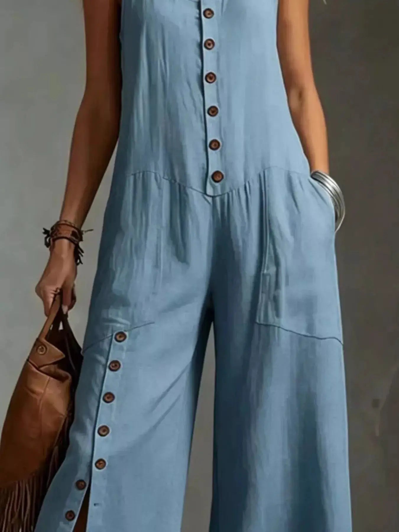 Full Size Sleeveless Button-Down Wide-Leg Jumpsuit Plus Size by Trendsi