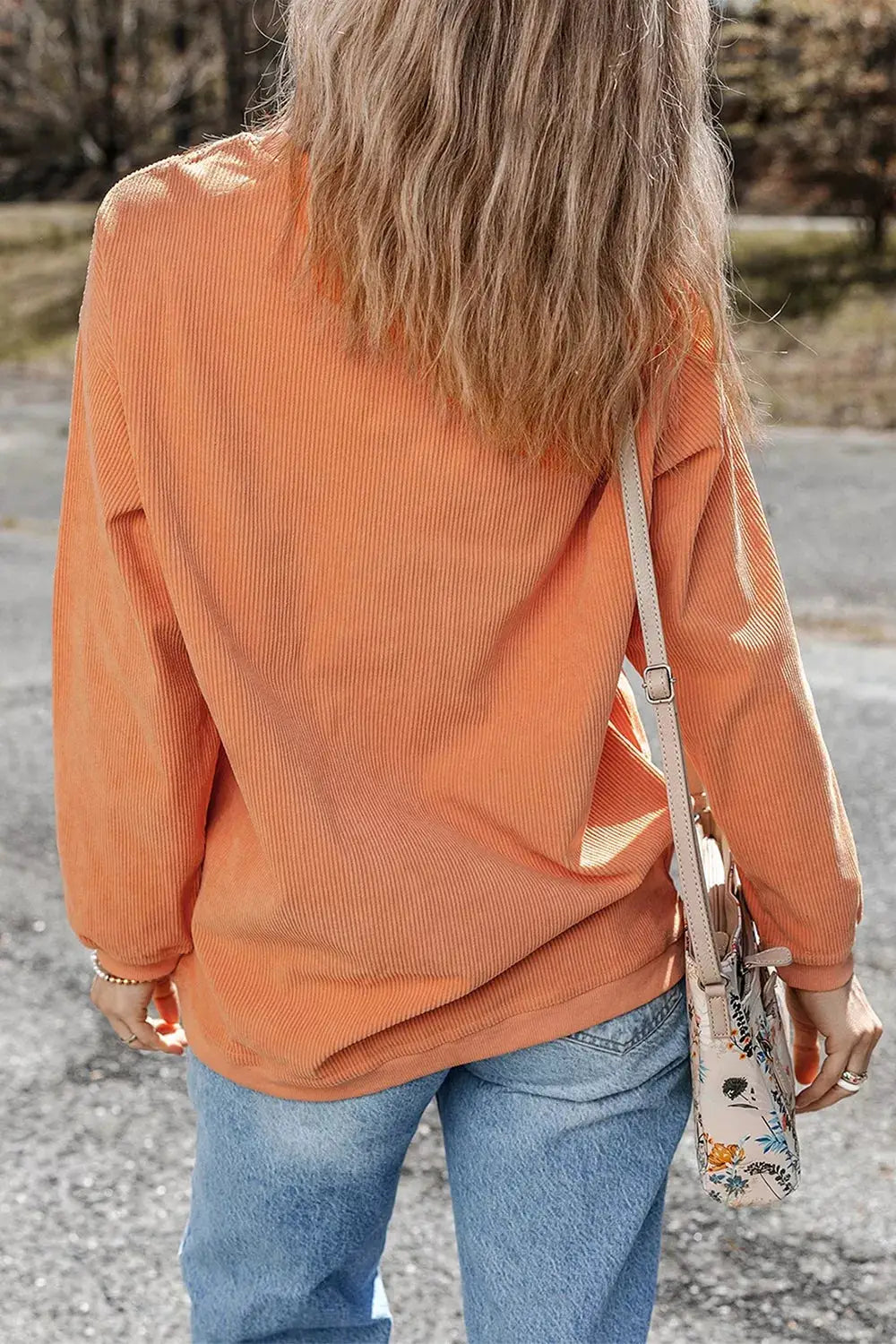 Patchwork Pumpkin Graphic Corded Ribbed Round Neck Tunic Sweatshirt by Trendsi