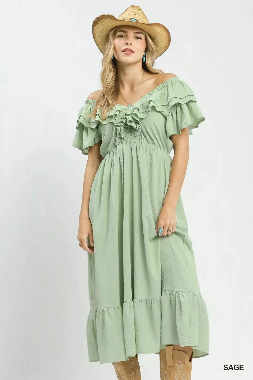 Umgee Textured Ruffle Midi Dress by Trendsi