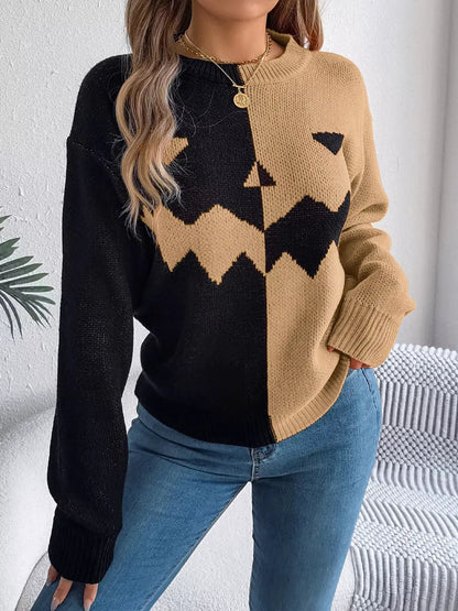 Pumpkin Face Graphic Two Tone Sweater by Trendsi