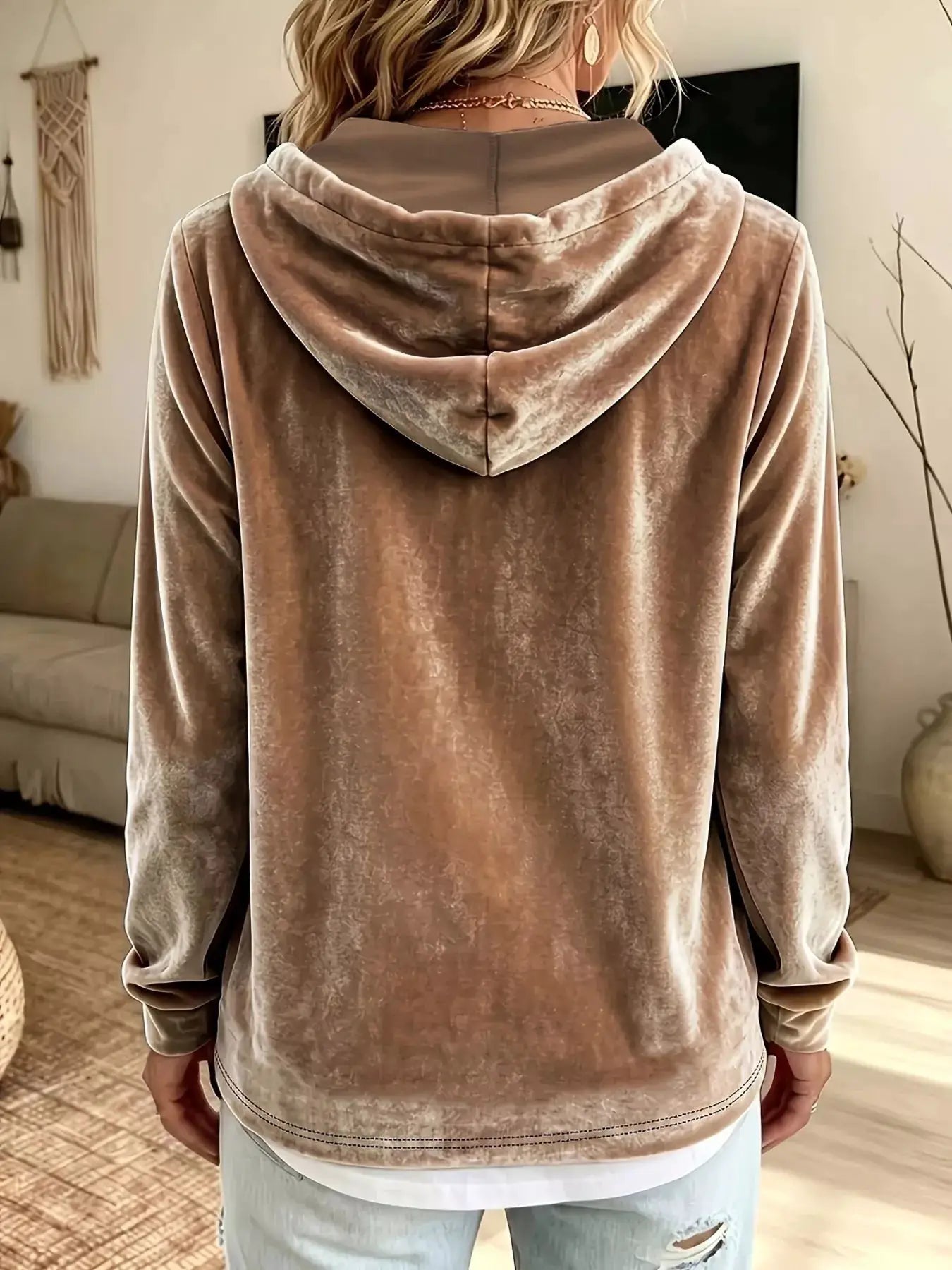 Full Size Drawstring Velvet Long Sleeve Hoodie Plus Size by Trendsi