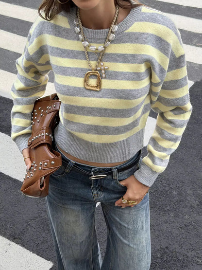 Casual Striped Cropped Sweater by Trendsi