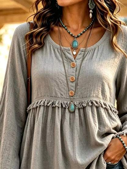 Button-Down Detail Fringed Hem Blouse by Trendsi