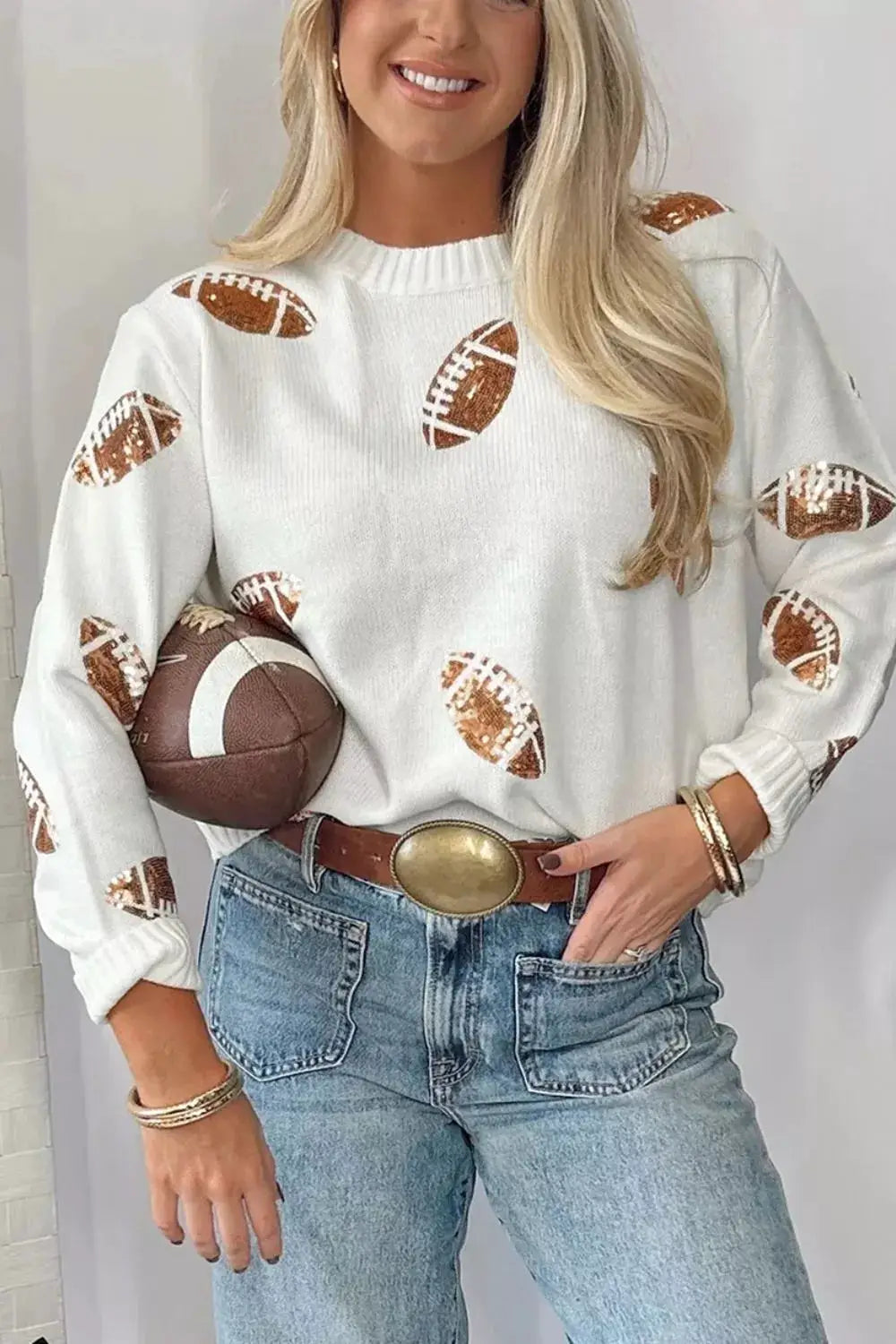Sequin Football Print Round Neck Long Sleeve Loose Fit Sweater by Trendsi