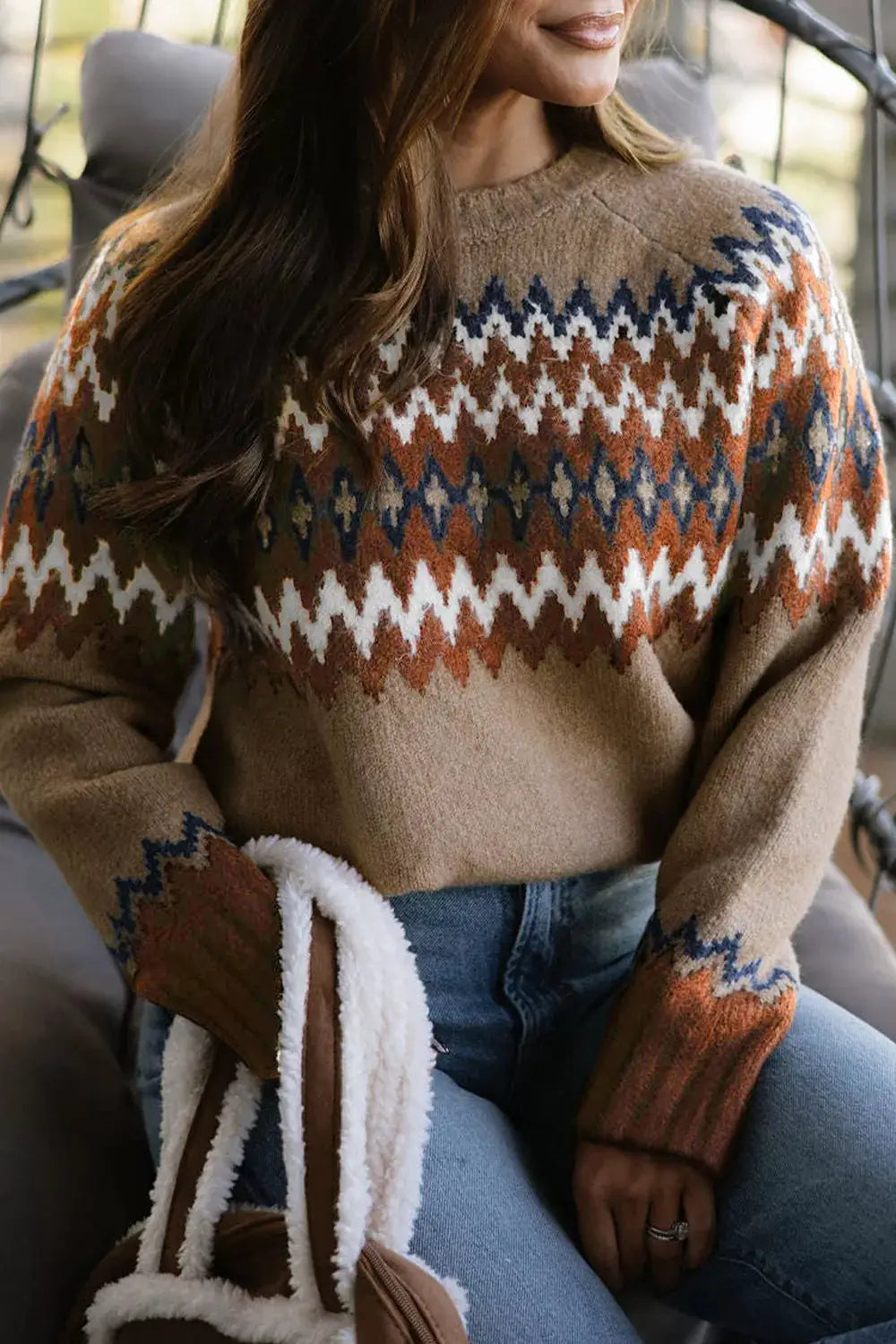 Geometric Pattern Long Sleeve Sweater by Trendsi