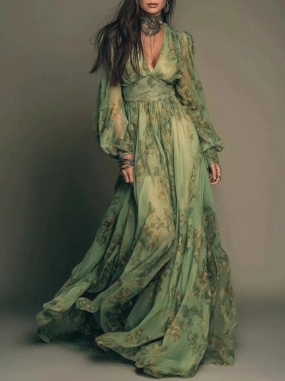 Floral Print V-Neck Maxi Dress by Trendsi