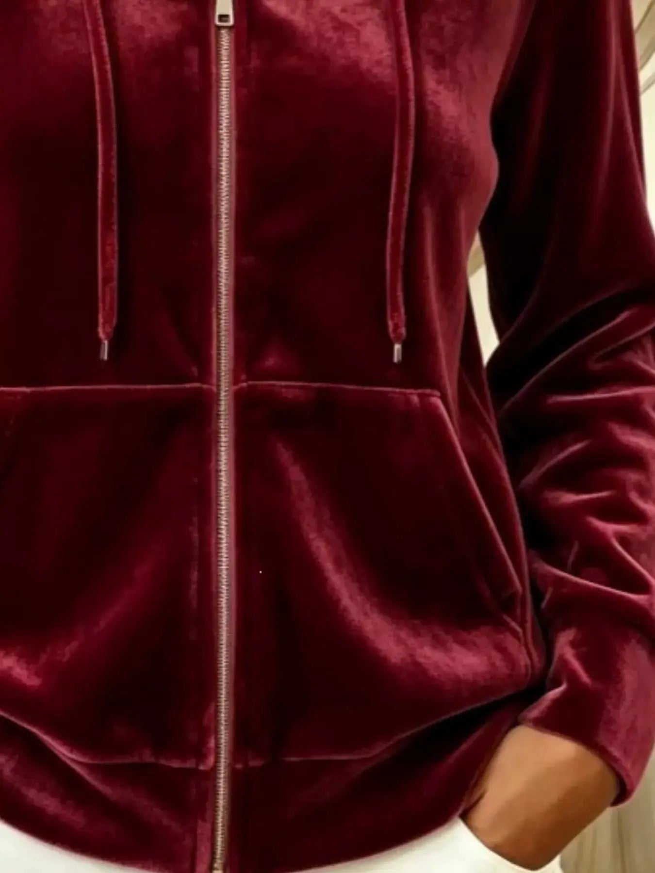 Full Size Velvet Zip-Up Hoodie with Drawstring Plus Size by Trendsi
