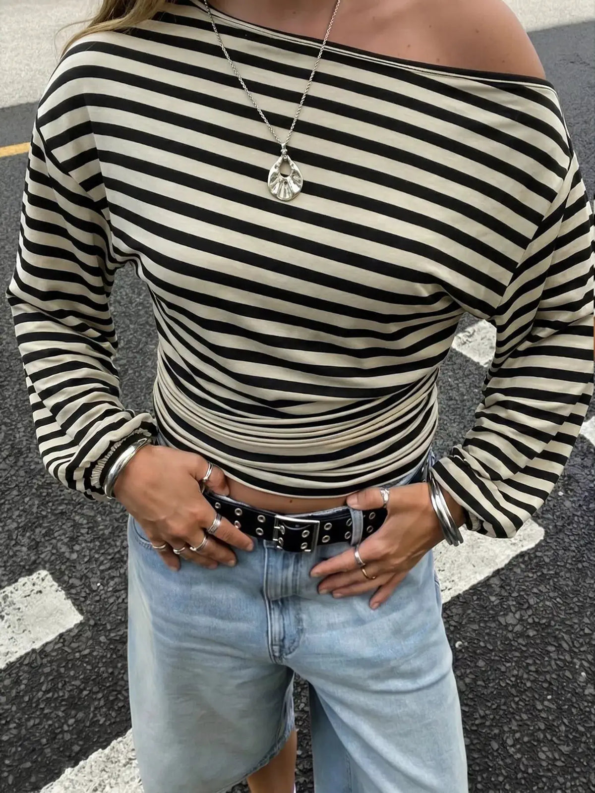 One Shoulder Striped Long Sleeve Slim-Fit T-Shirt by Trendsi