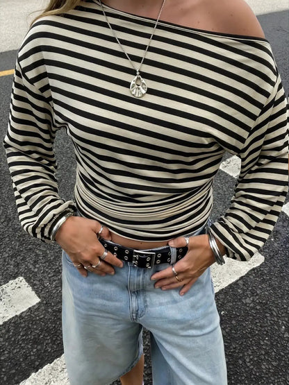One Shoulder Striped Long Sleeve Slim-Fit T-Shirt by Trendsi