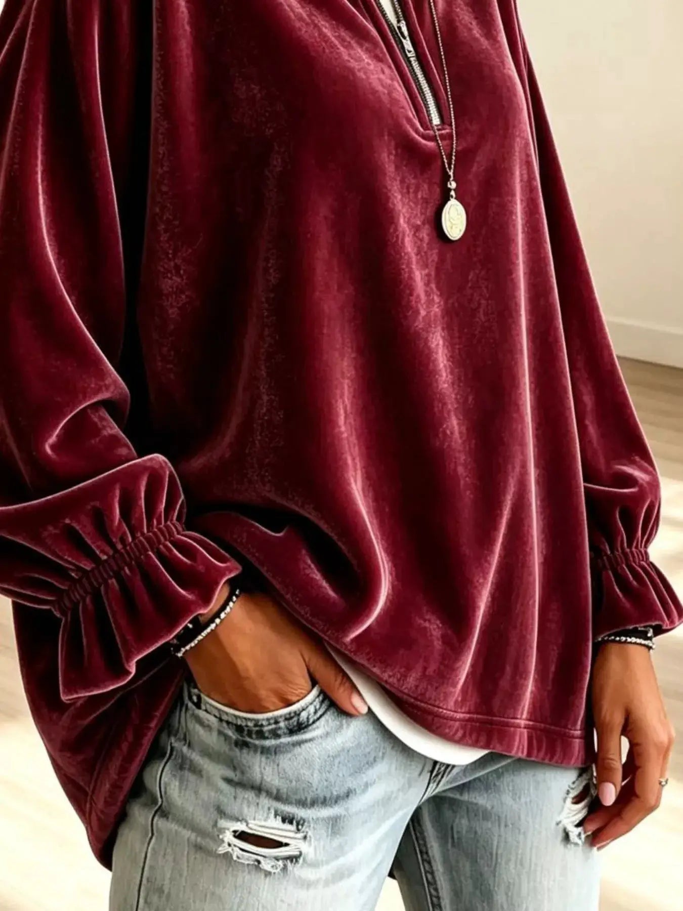 Velvet Quarter-Zip Sweatshirt with Ruffled Cuffs by Trendsi