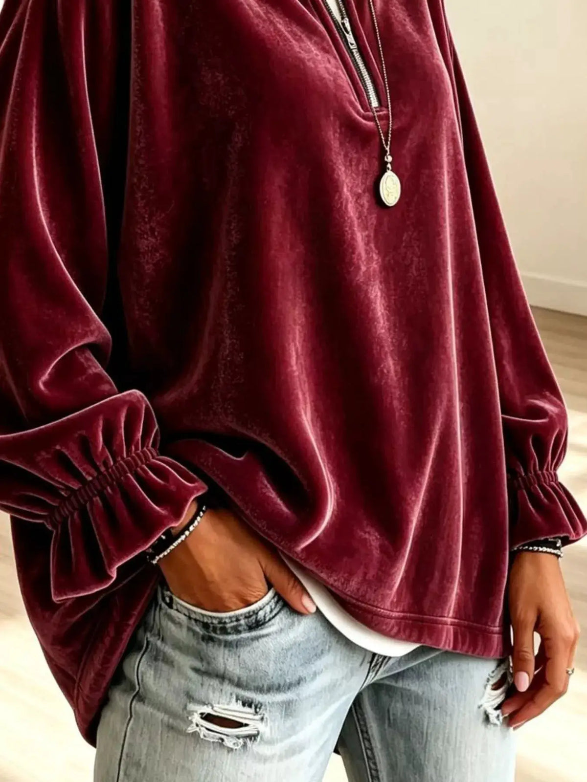 Velvet Quarter-Zip Sweatshirt with Ruffled Cuffs by Trendsi