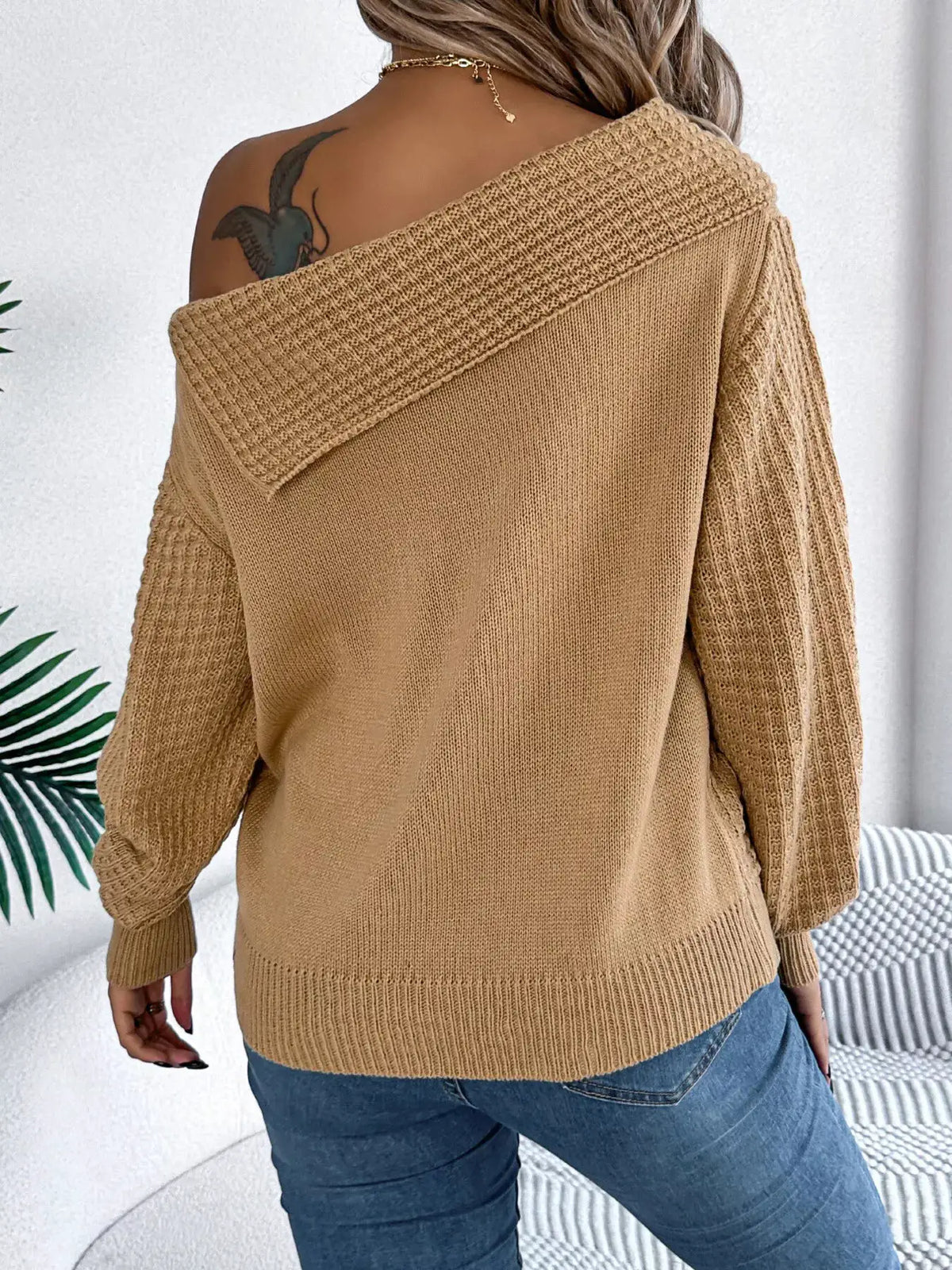 One Shoulder Cable Knit Sweater by Trendsi