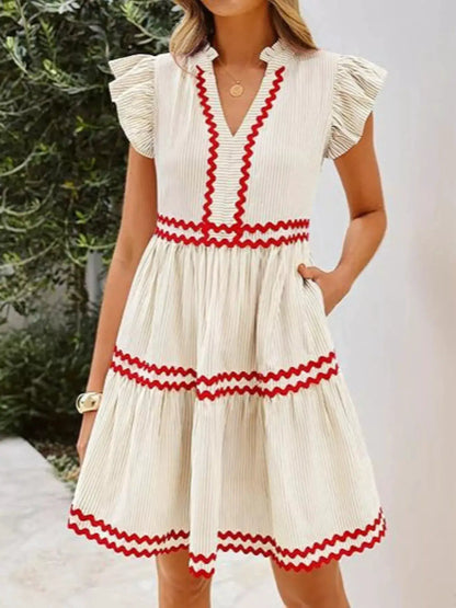 Striped Ruffle Sleeve Tiered Dress by Trendsi