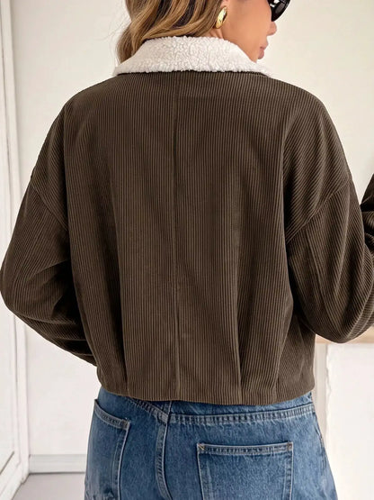 Contrast Sherpa Collar Corduroy Zip Up Jacket by Trendsi