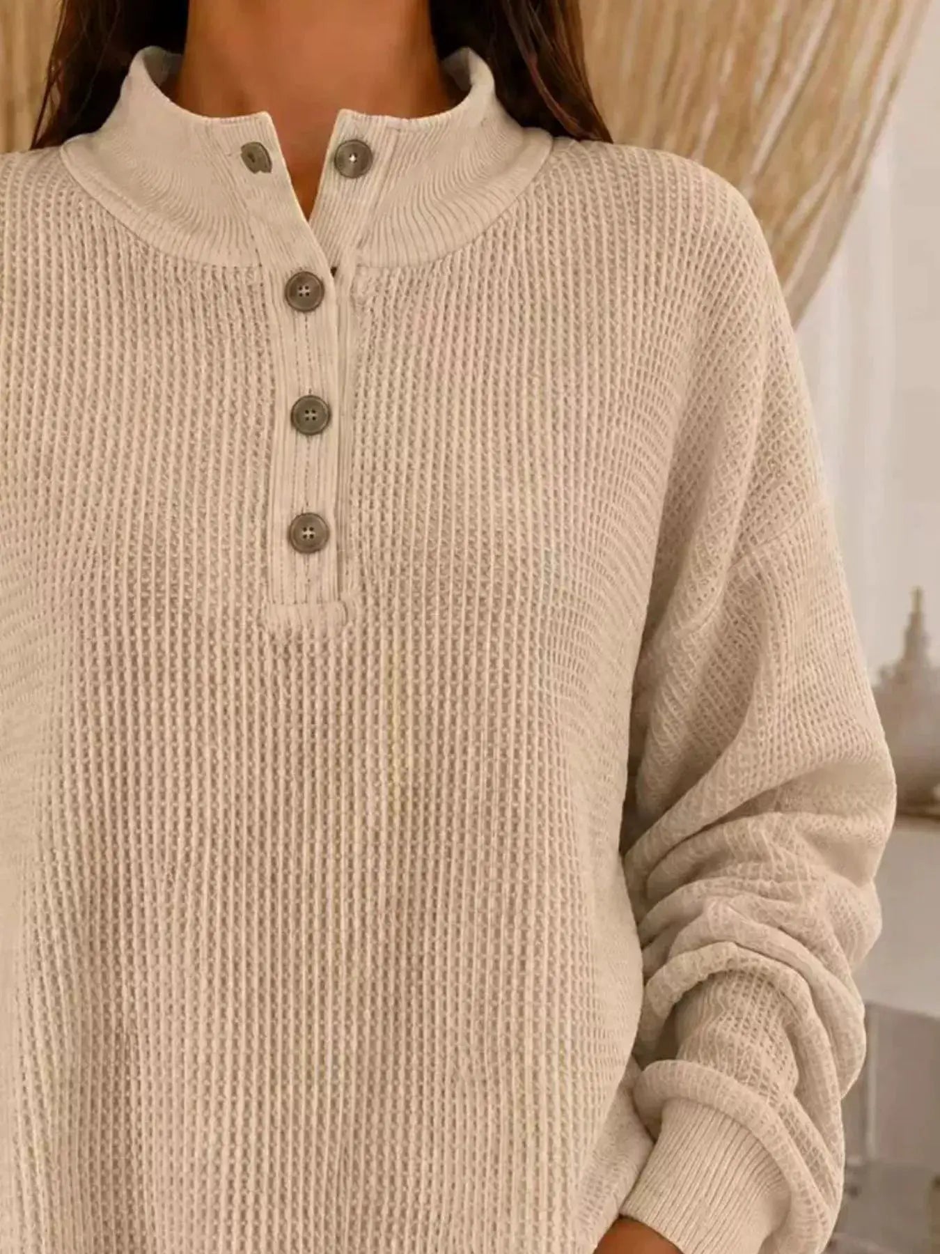 Full Size Waffle Knit Button Detail Sweatshirt Plus Size by Trendsi