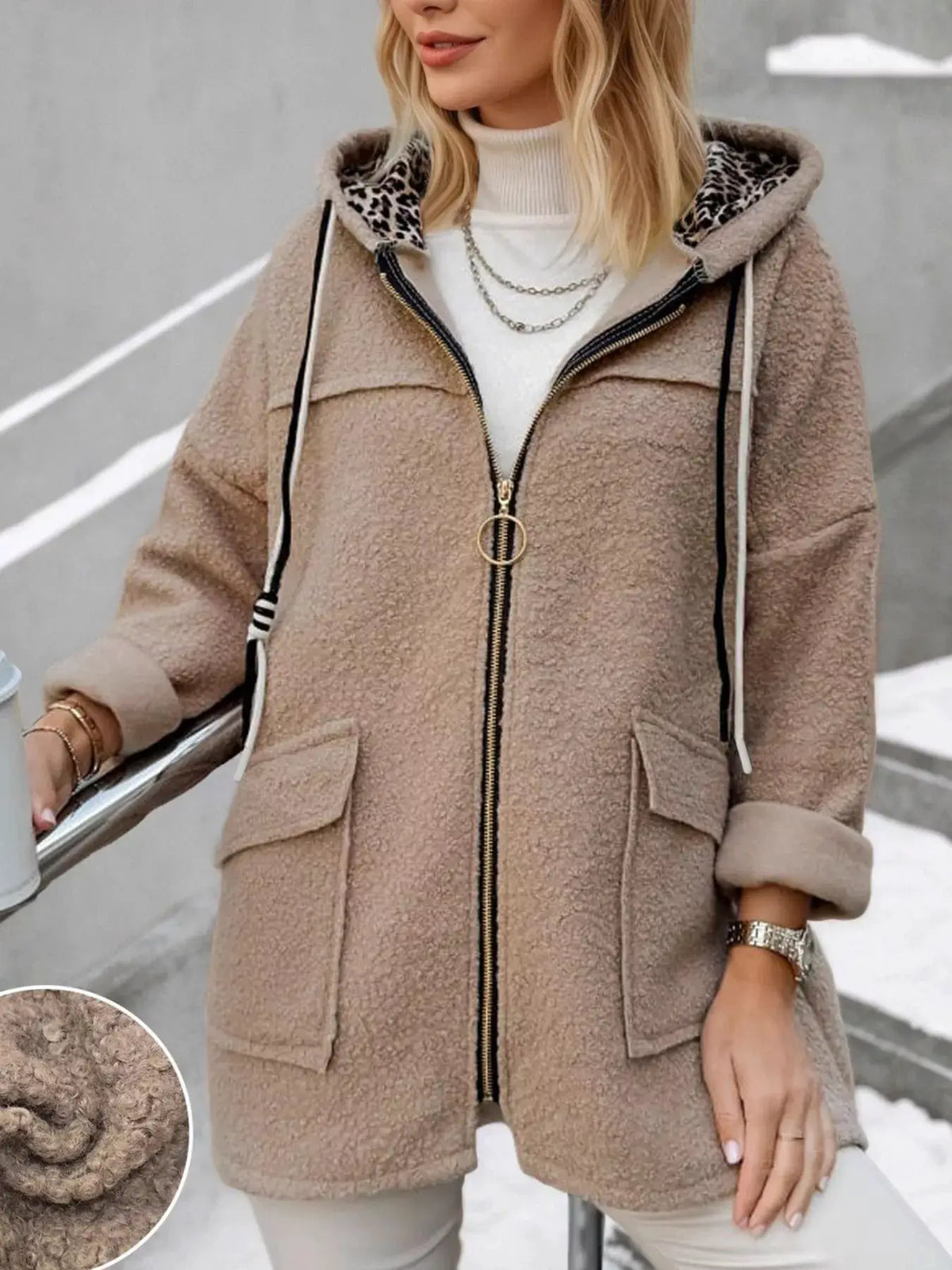 Fleece Zip Up Hooded Outerwear by Trendsi