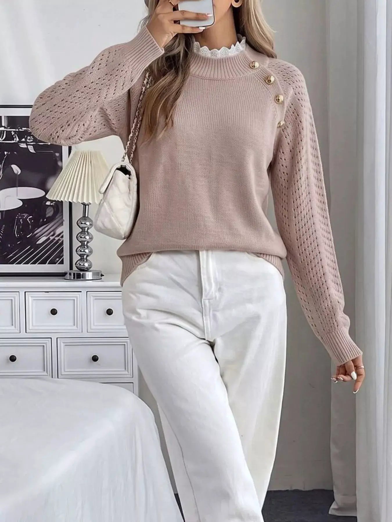 Openwork Mock Neck Sweater by Trendsi