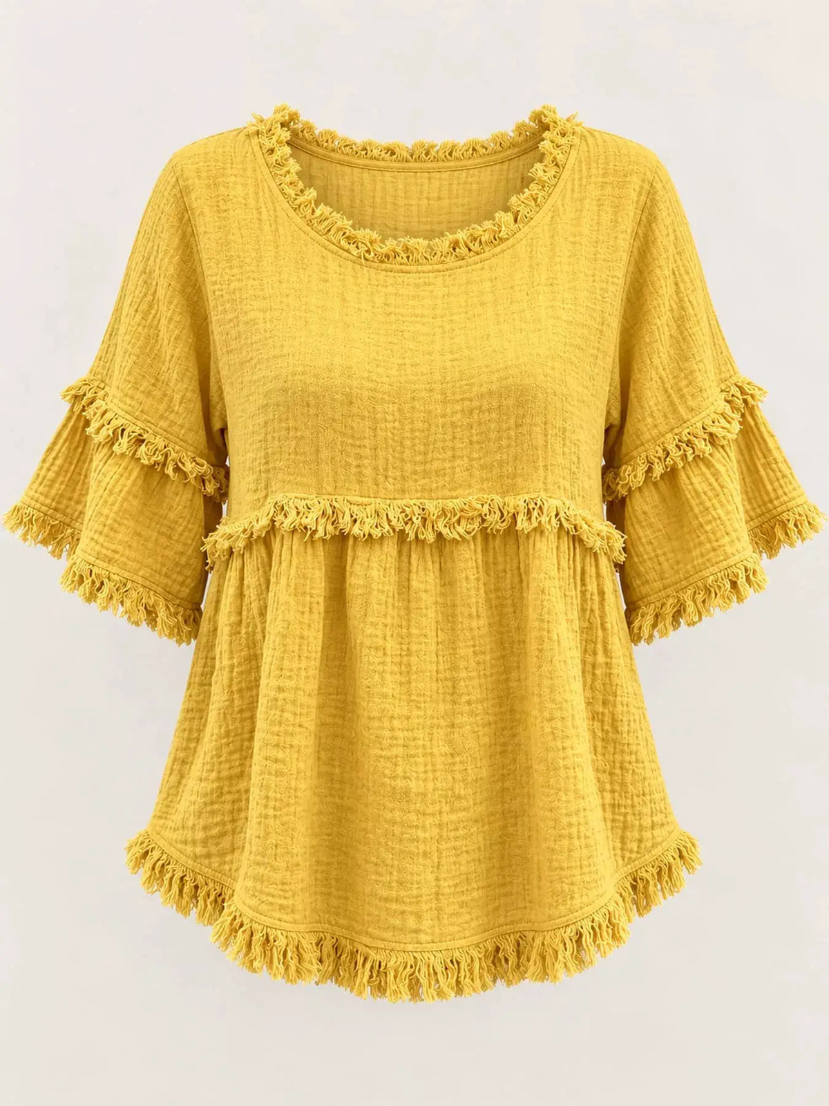 Full Size Frayed Edge Textured Blouse Plus Size by Trendsi