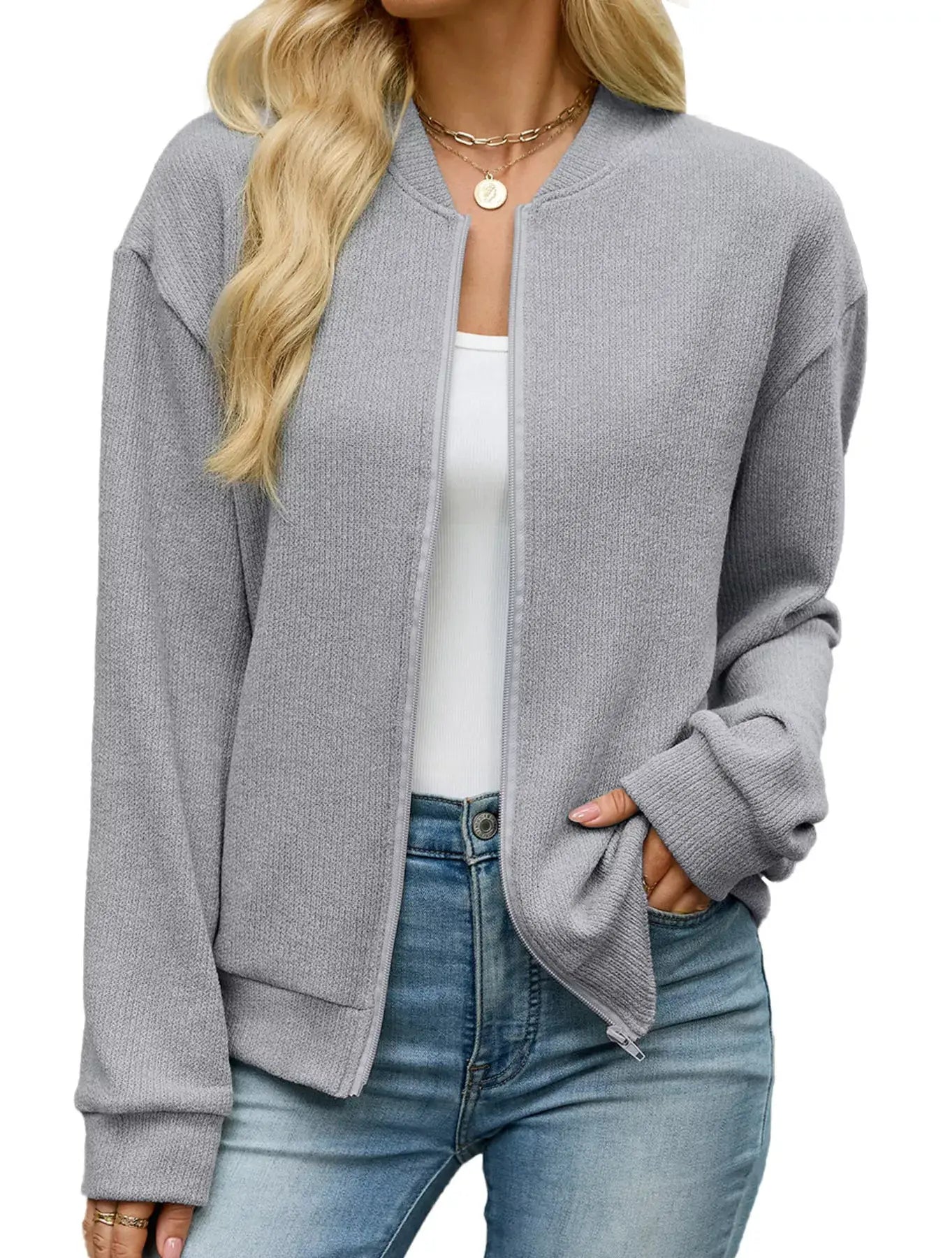 Zip-Up Dropped Shoulder Top by Trendsi