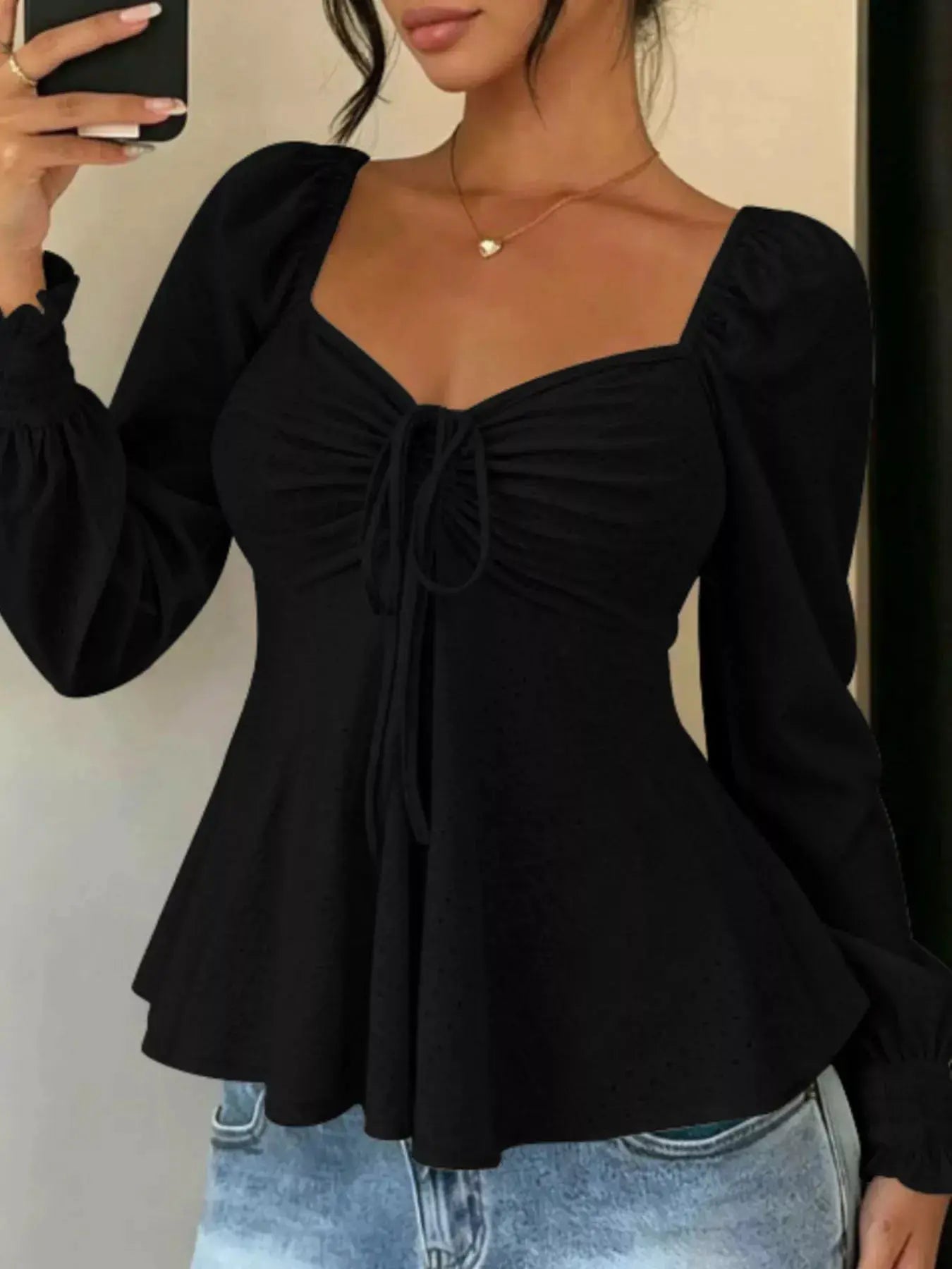 Ruched Sweetheart Neck Long Sleeve Top by Trendsi