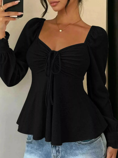 Ruched Sweetheart Neck Long Sleeve Top by Trendsi