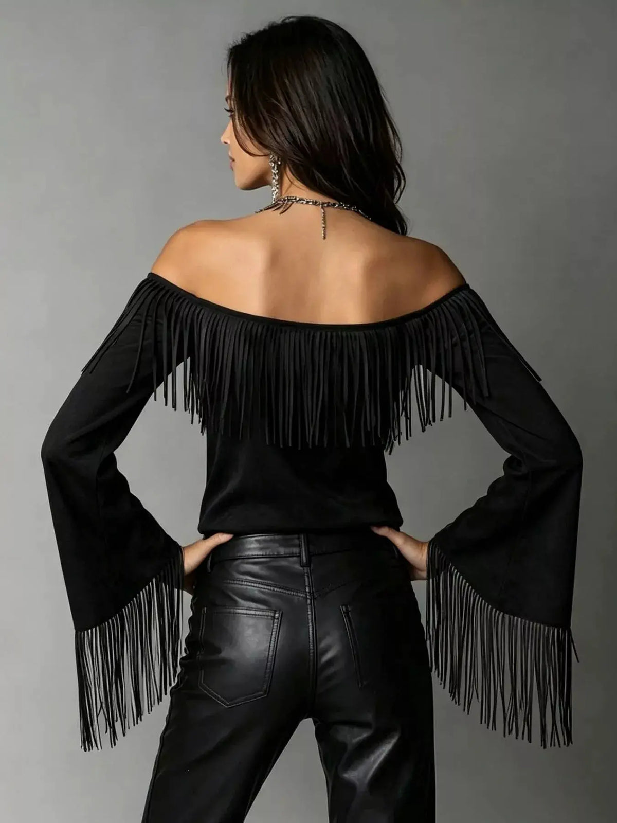 Full Size Fringed Off-Shoulder Flare Sleeve Top Plus Size by Trendsi