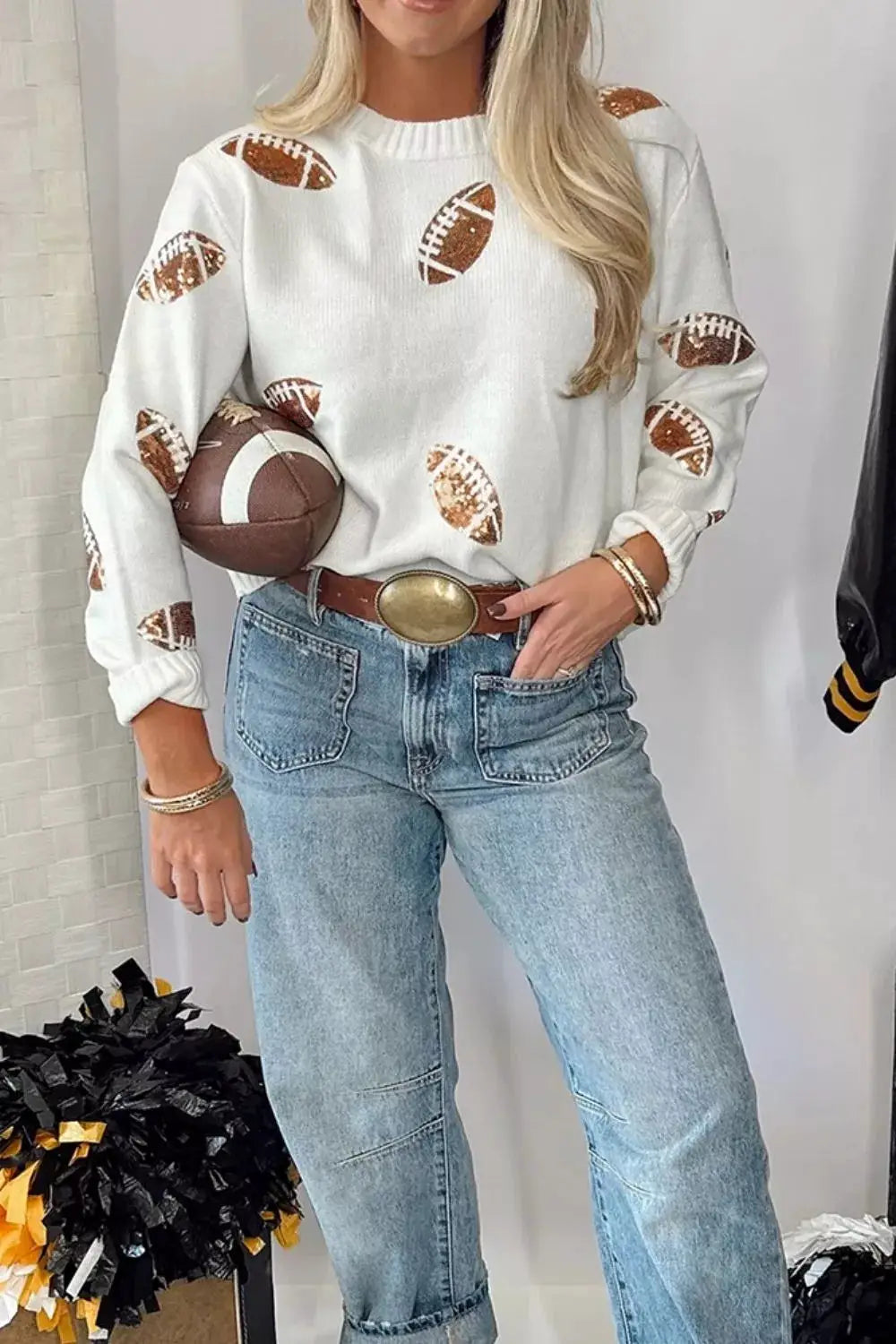 Sequin Football Print Round Neck Long Sleeve Loose Fit Sweater by Trendsi