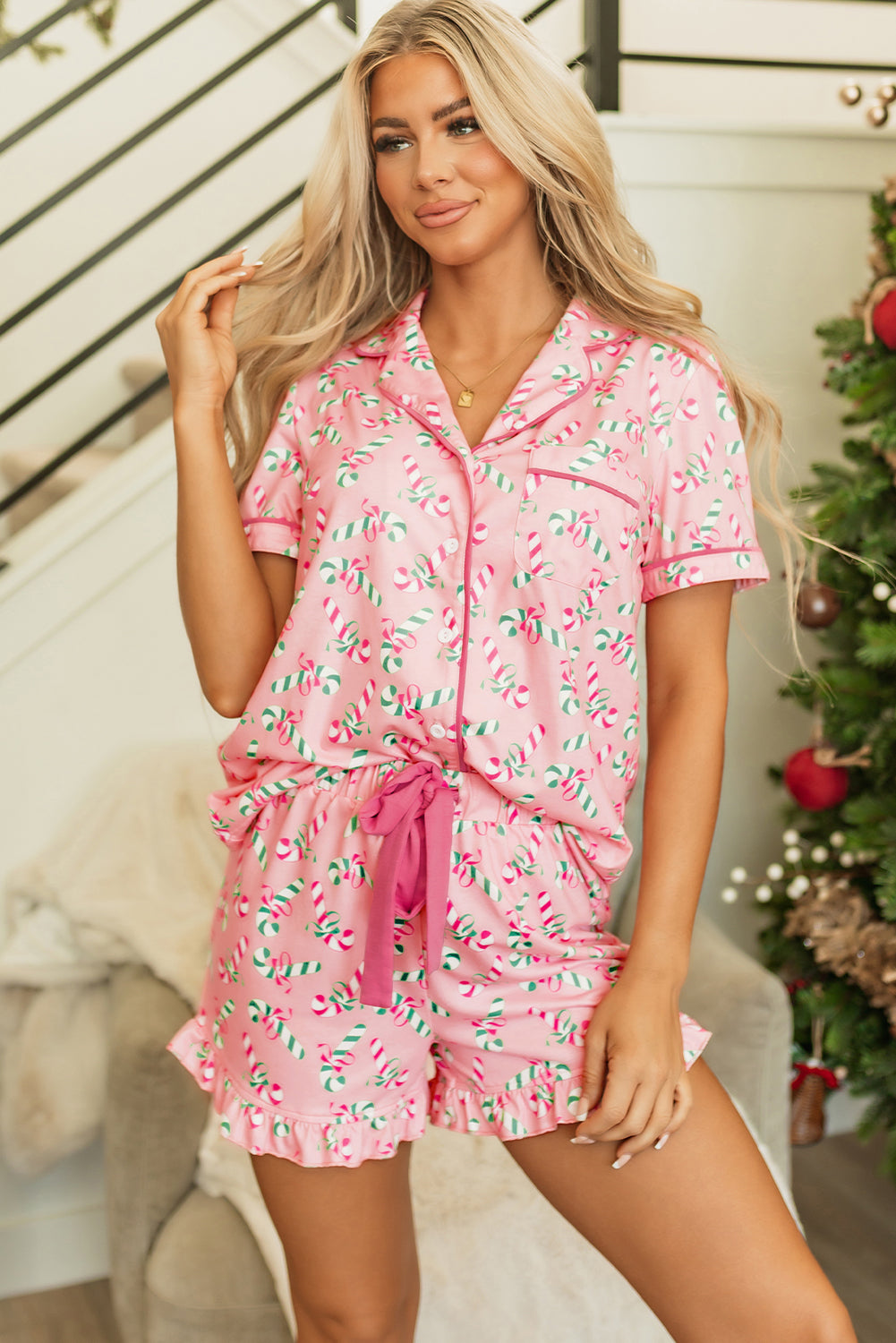 Pink Christmas Candy Cane Print Pocketed Knotted Pajama Set