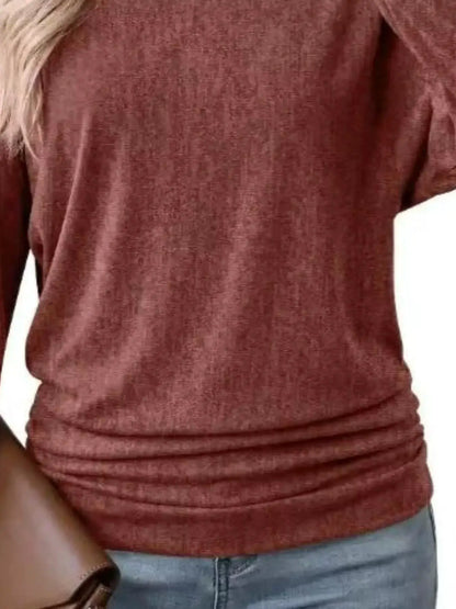 Long Sleeve Crew Neck Casual T-Shirt with Ruched Hem by Trendsi