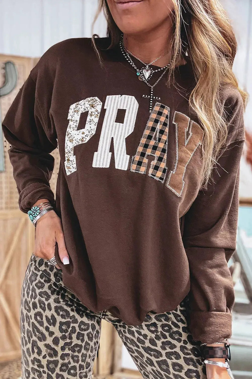 Plaid 'PRAY' Crew Neck Sweatshirt by Trendsi