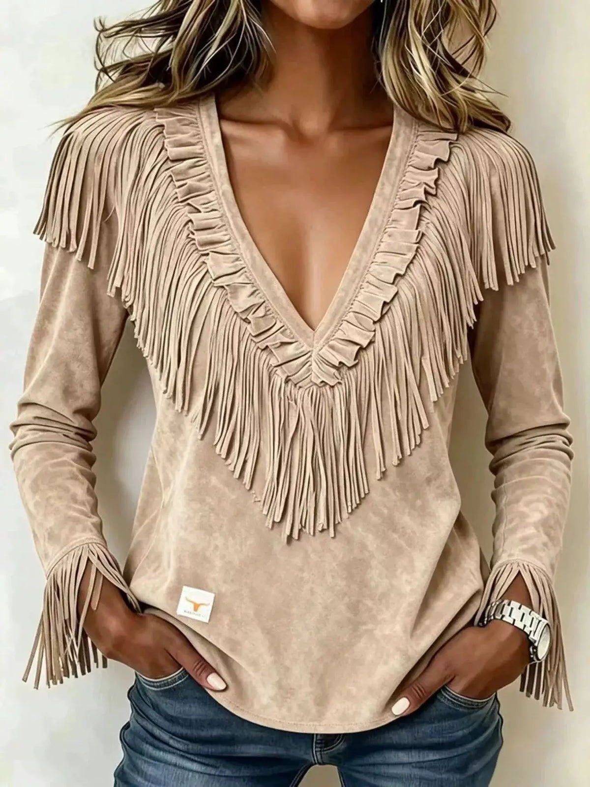 Fringed V-Neck Blouse by Trendsi