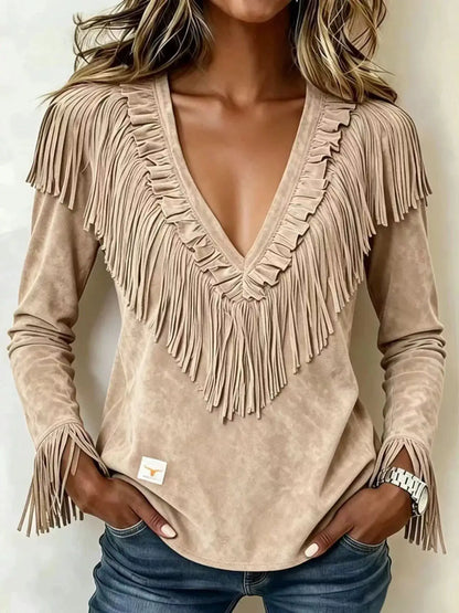 Fringed V-Neck Blouse by Trendsi