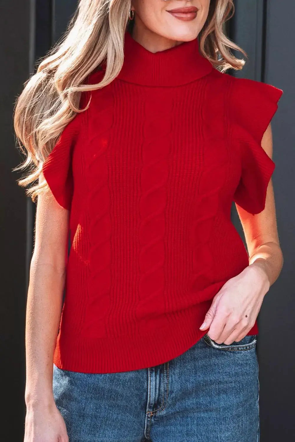 Cable Knit Turtleneck Ruffled Short Sleeve Sweater by Trendsi