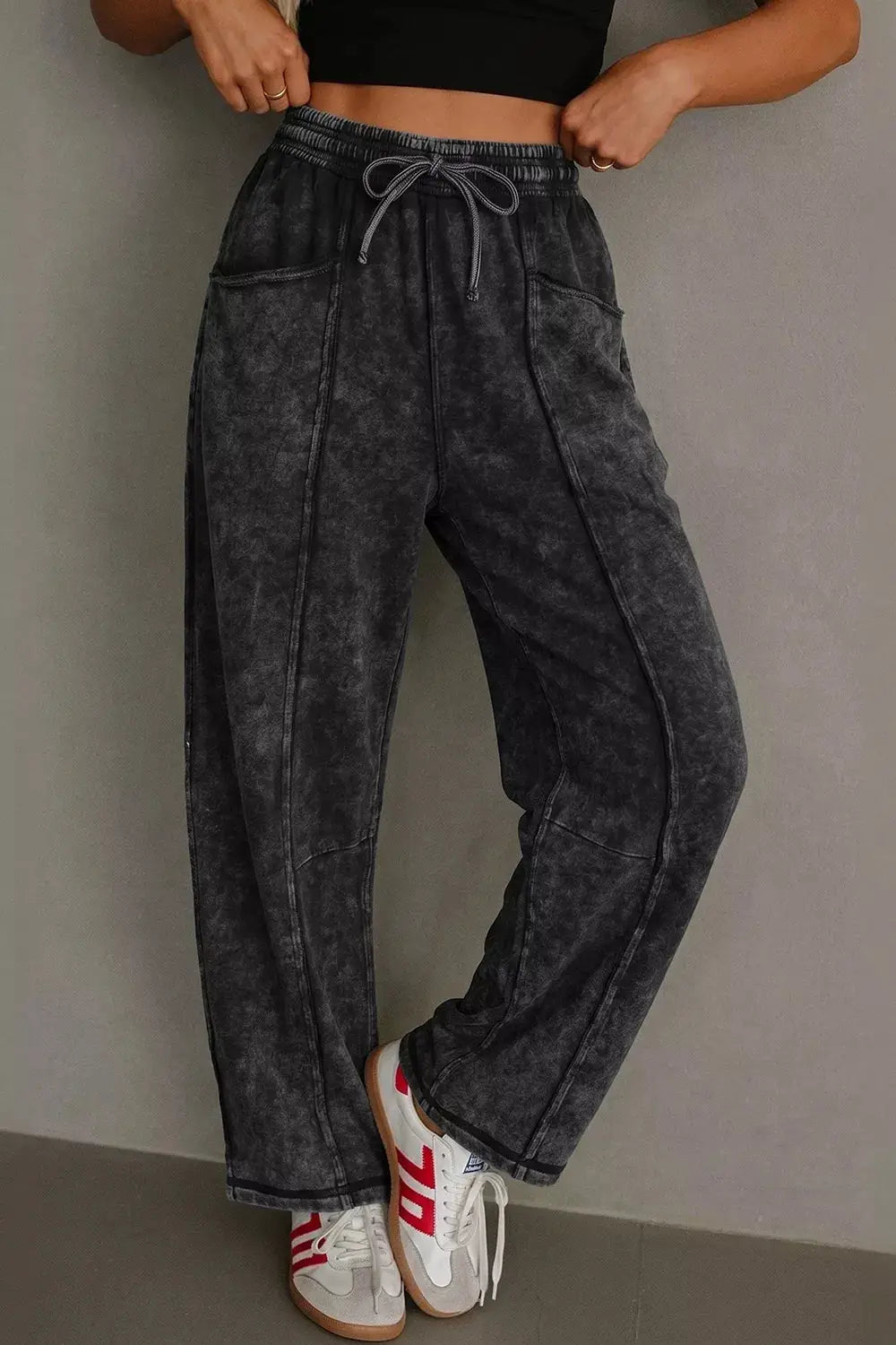 Mineral Wash Raw Seam Drawstring Elastic Waist Barrel Pants by Trendsi