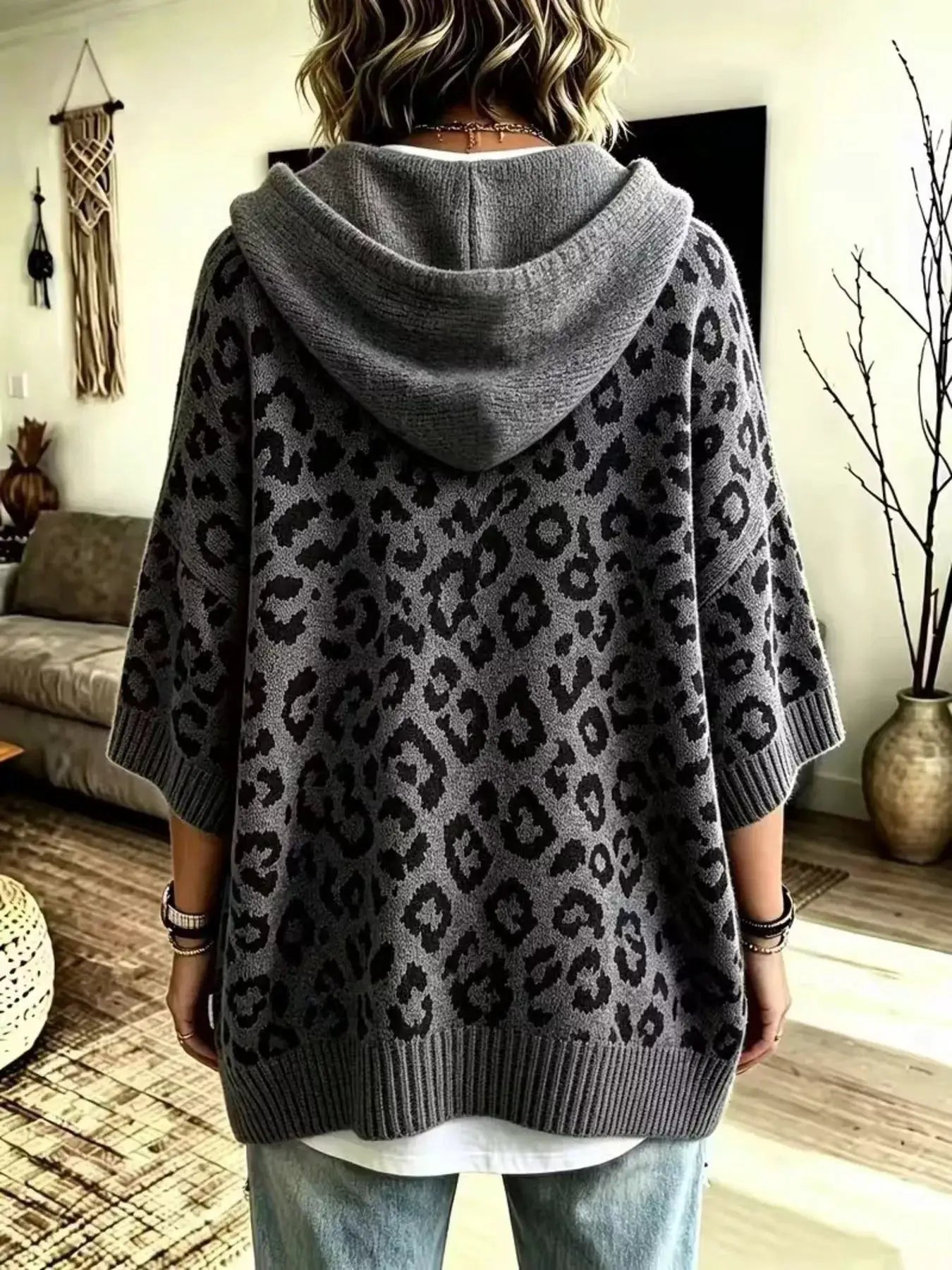 Drawstring Leopard Hooded Sweater by Trendsi