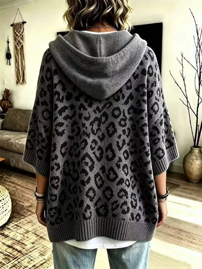 Drawstring Leopard Hooded Sweater by Trendsi