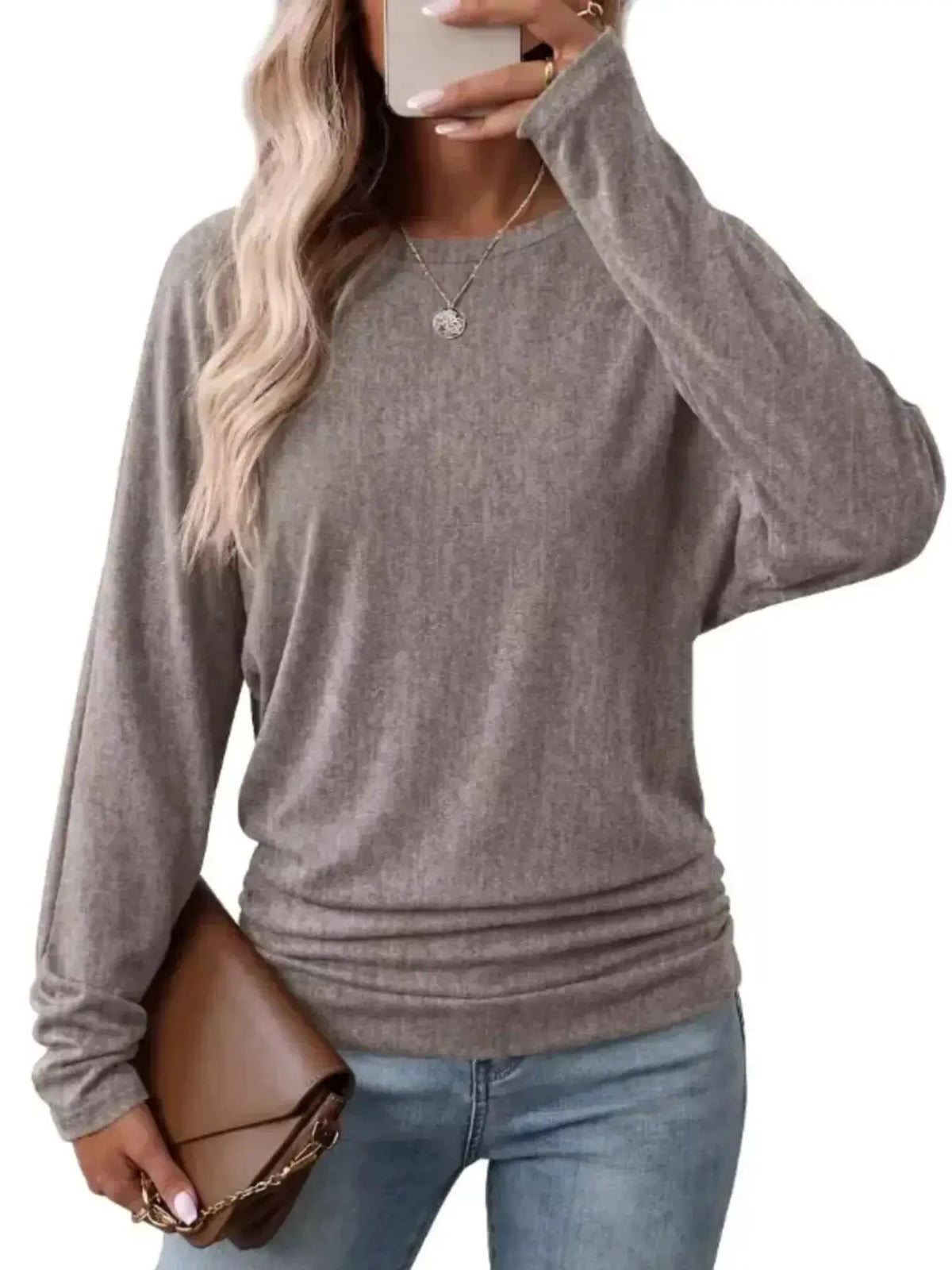 Long Sleeve Crew Neck Casual T-Shirt with Ruched Hem by Trendsi