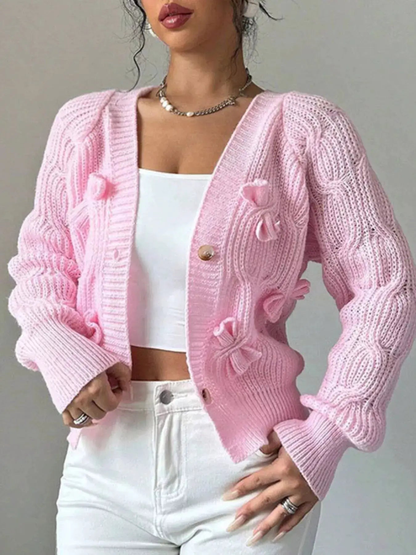 Bow Cable Knit V-Neck Cardigan by Trendsi