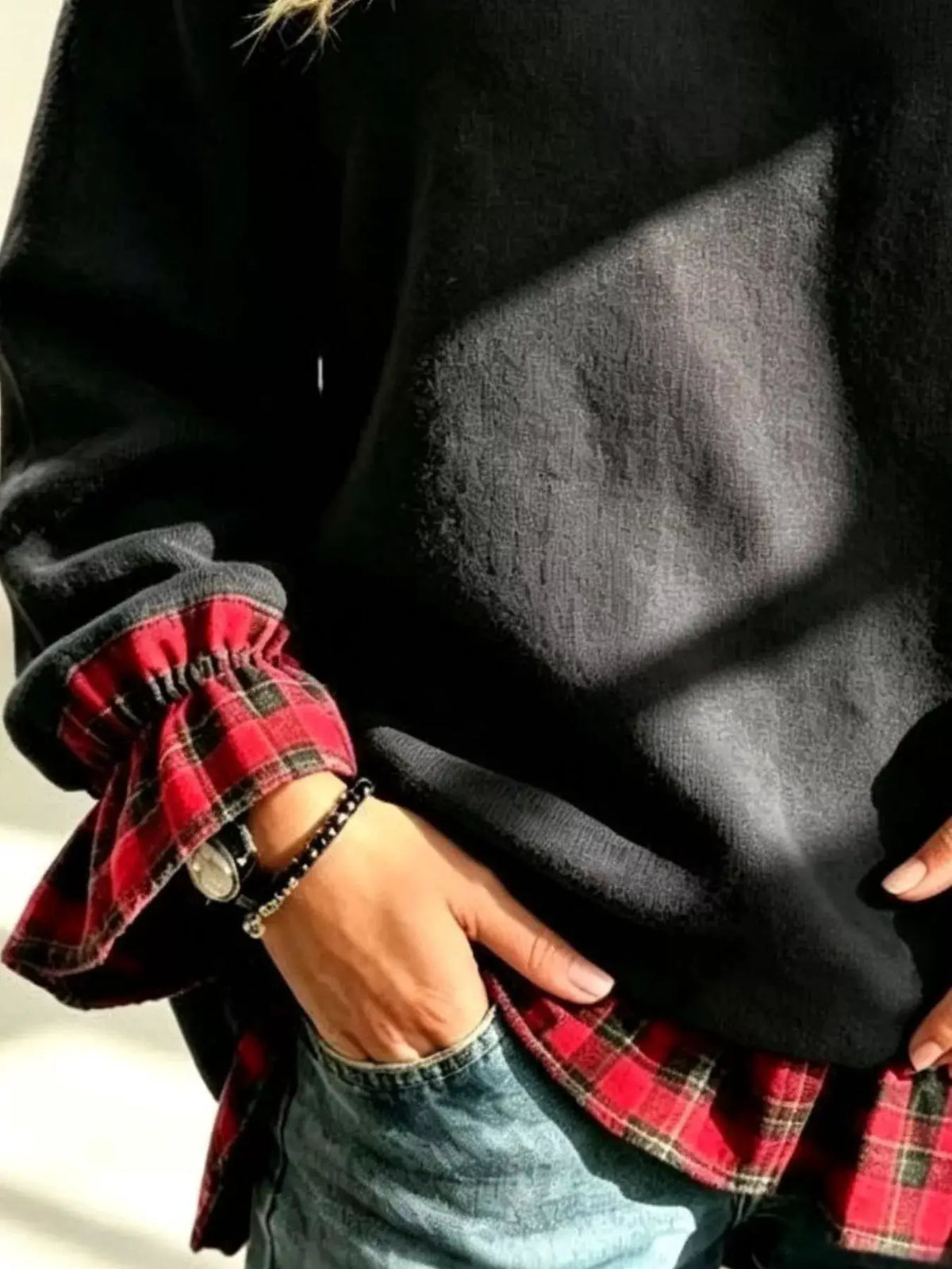 Full Size Cold-Shoulder Plaid Patchwork Long Sleeve Top Plus Size by Trendsi