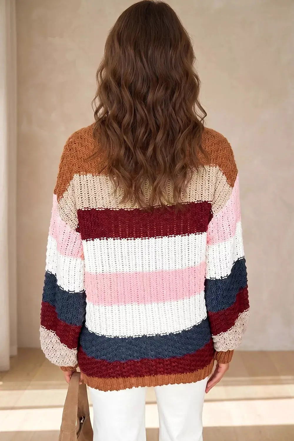 Striped Knit Dropped Shoulder Round Neck Sweater by Trendsi