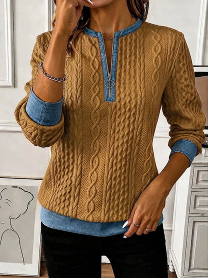 Full Size Denim Contrast Trim Quarter Zip Texture Sweatshirt Plus Size by Trendsi