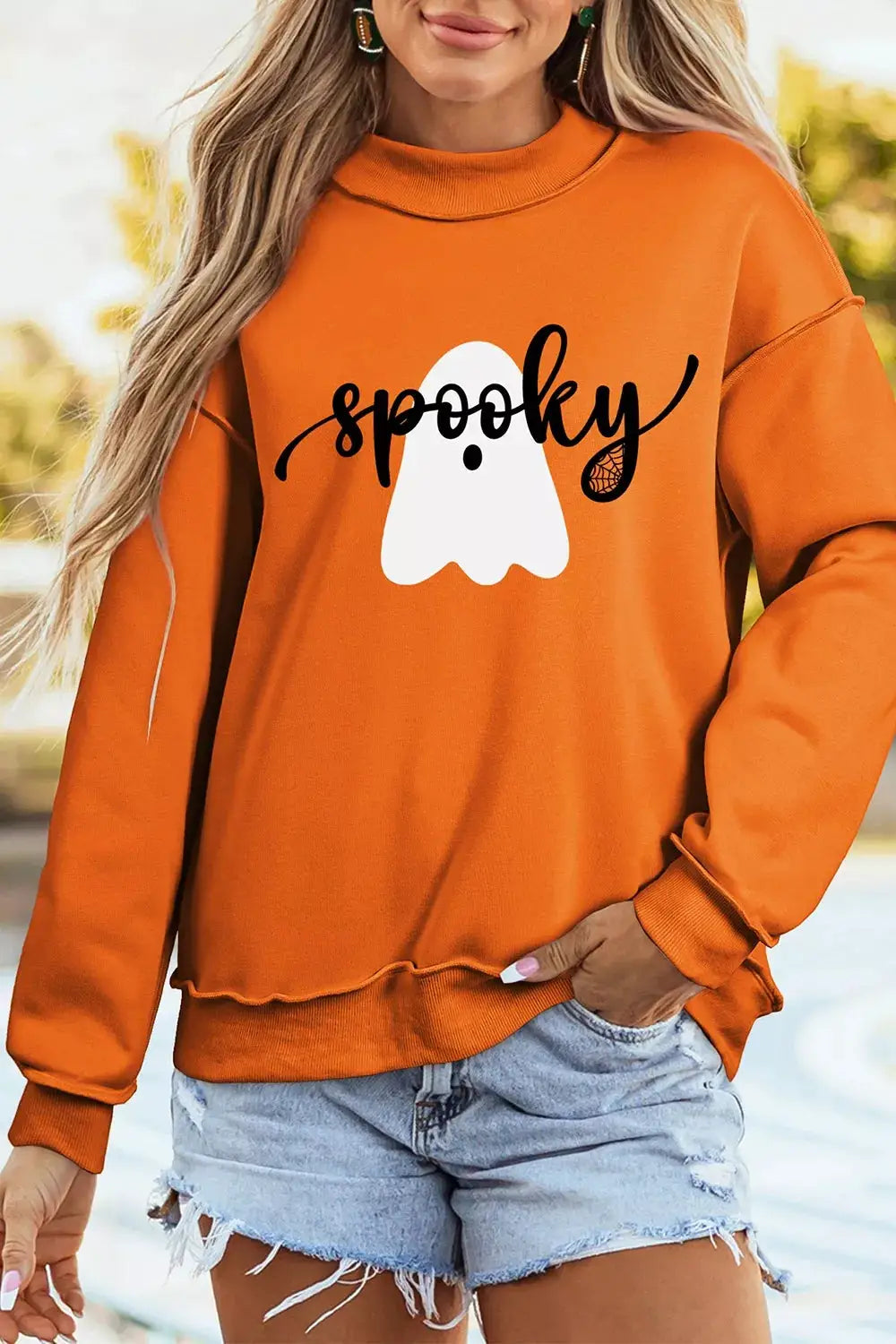 Ghost/ BOO Reversible Print Mock Neck Casual Sweatshirt by Trendsi