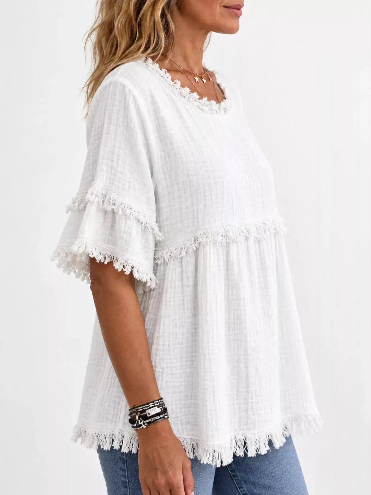 Full Size Frayed Edge Textured Blouse Plus Size by Trendsi