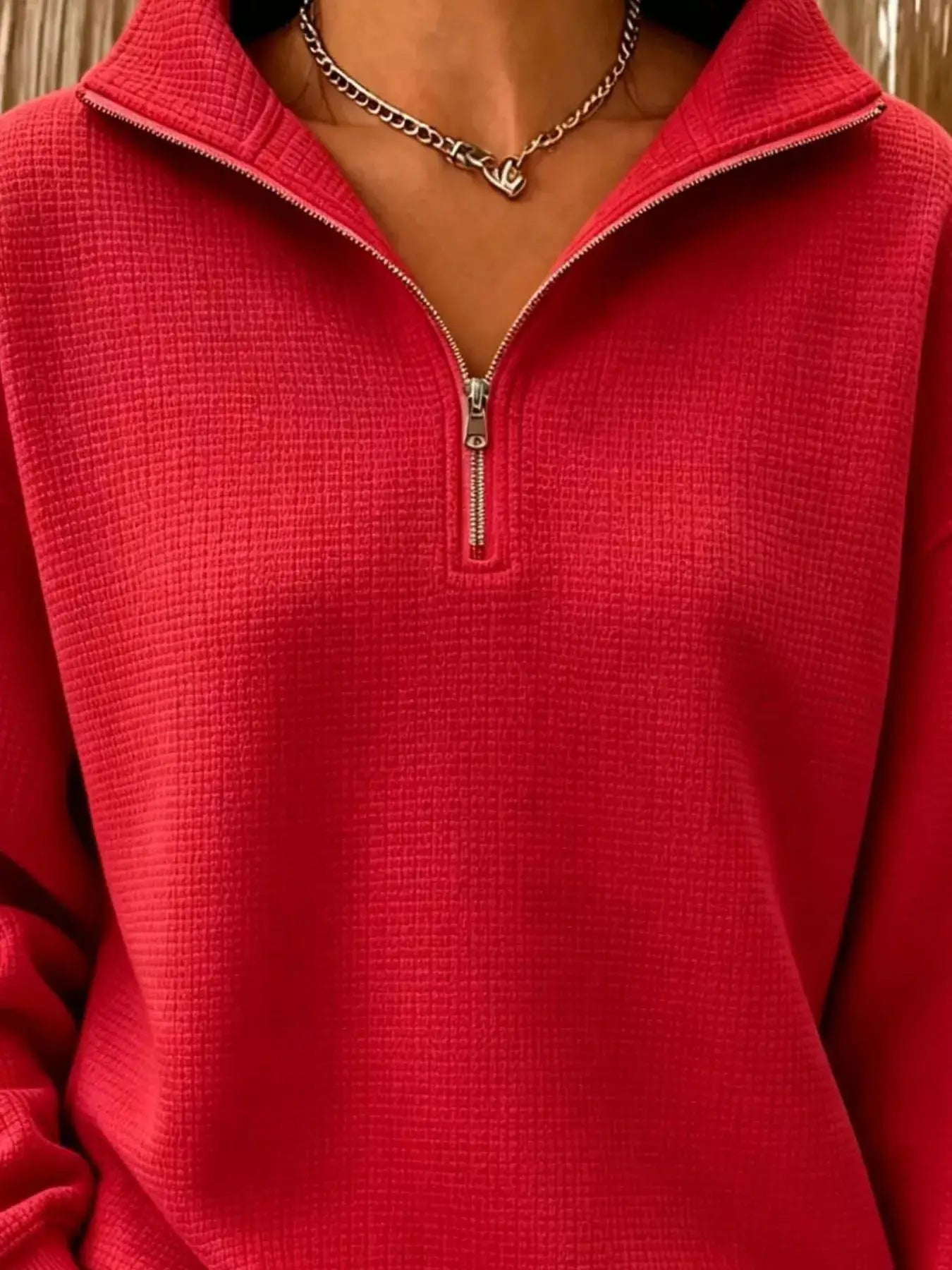 Full Size Waffle Knit Quarter-Zip Sweatshirt Plus Size by Trendsi