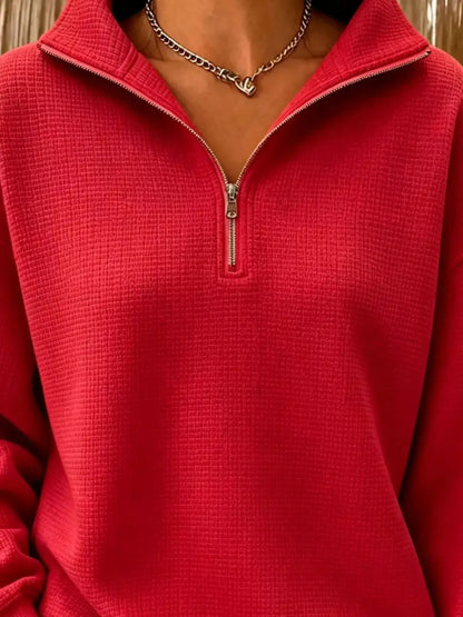 Full Size Waffle Knit Quarter-Zip Sweatshirt Plus Size by Trendsi