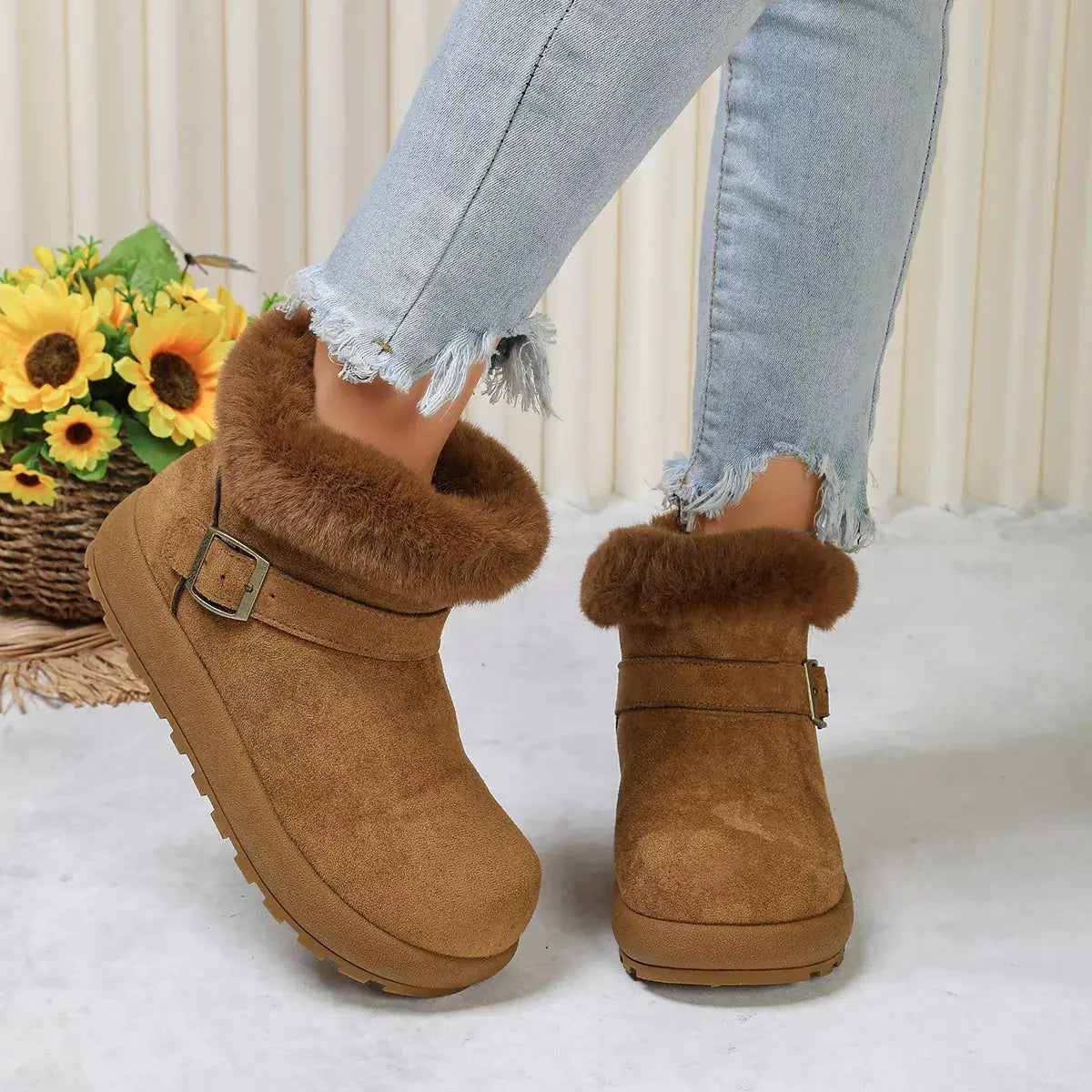 Round Toe Fuzzy Boots by Trendsi