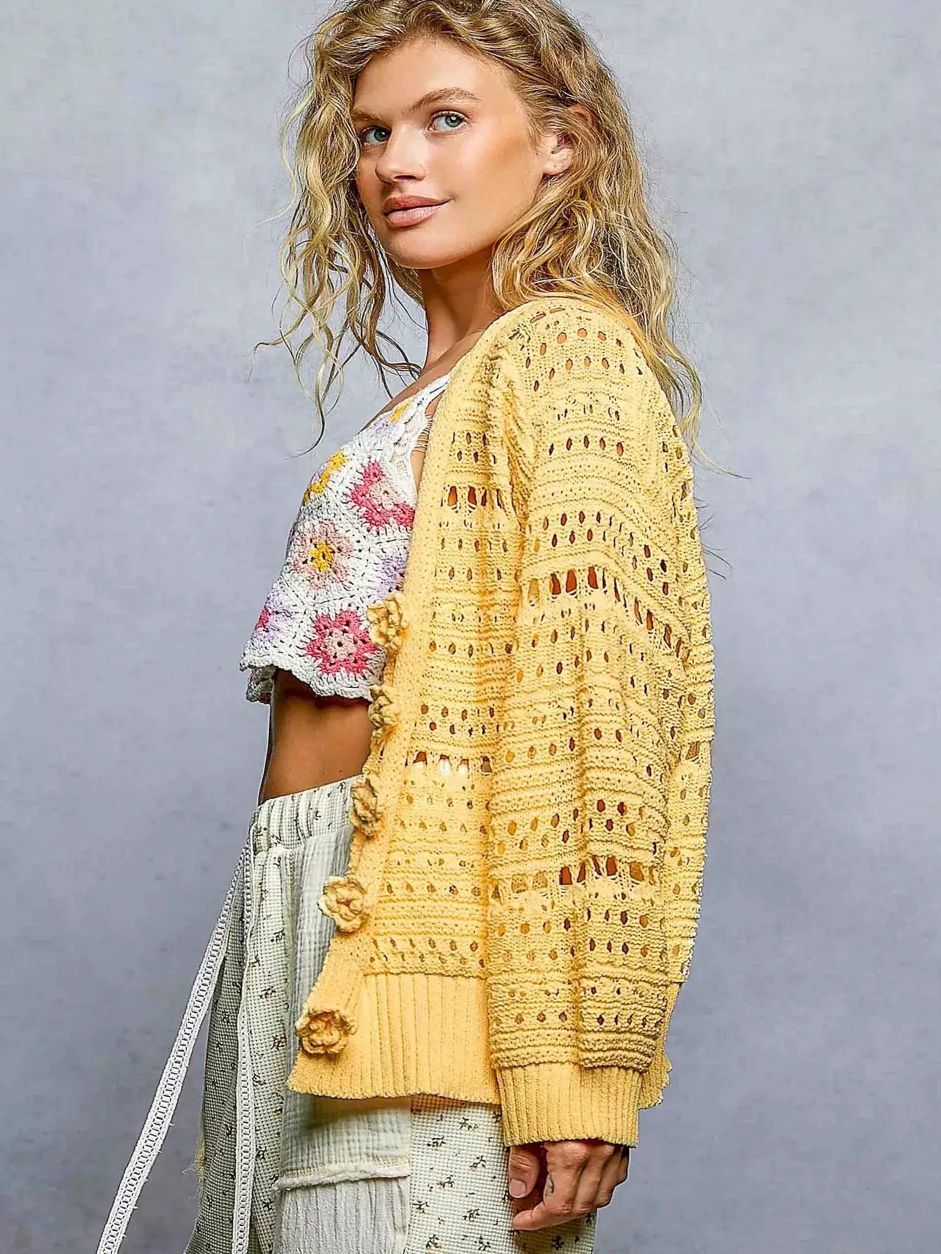 POL Open-Knit Floral Button Cardigan by Trendsi