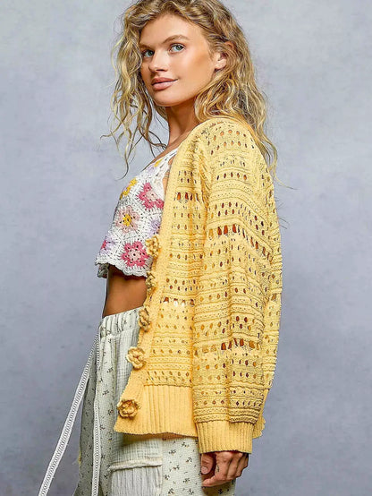 POL Open-Knit Floral Button Cardigan by Trendsi