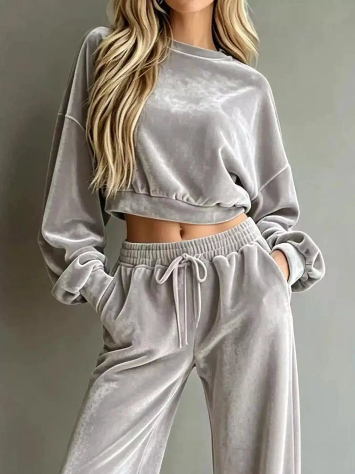 Full Size Cropped Sweatshirt and Wide-Leg Pants Set Plus Size by Trendsi