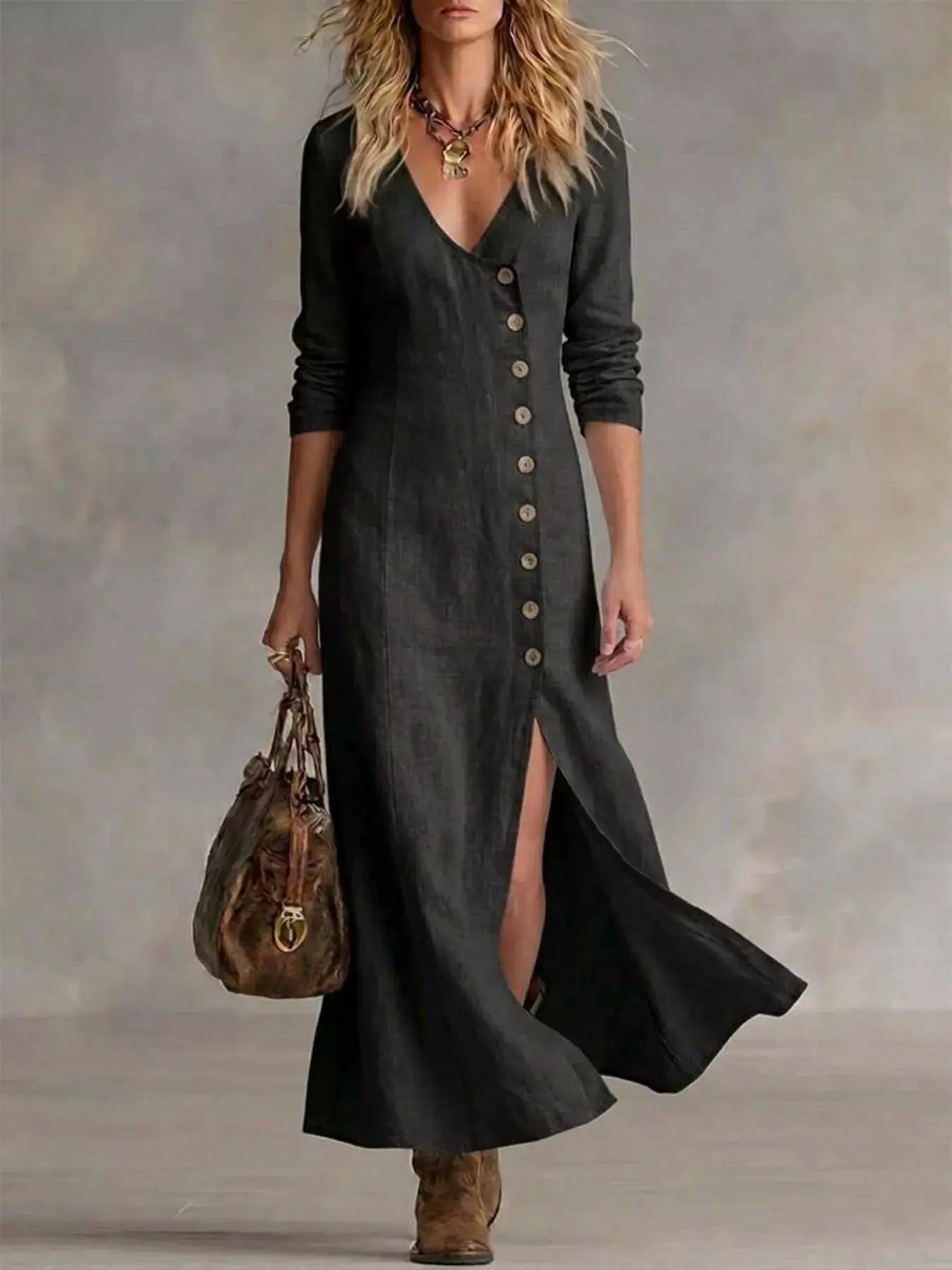 Slit Button-Down Midi Dress by Trendsi
